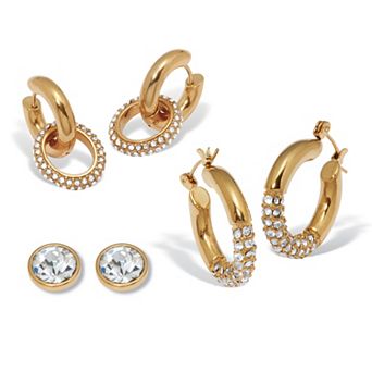 PalmBeach Jewelry Round Crystal Yellow Gold Ion-Plated Stainless Steel Earrings, 3-Pair Set