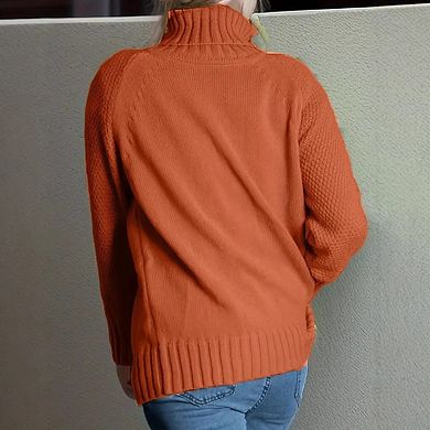 Womens Turtle Neck Raglan Sleeve Pullover Loose Fit Sweater