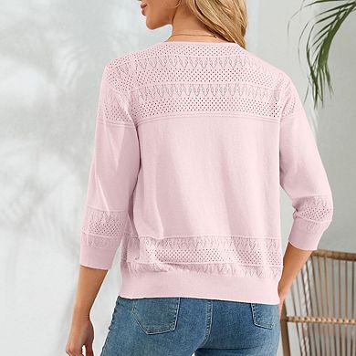 Womens V Neck Three Quarter Sleeve Button Knit Cardigan