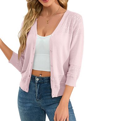 Womens V Neck Three Quarter Sleeve Button Knit Cardigan