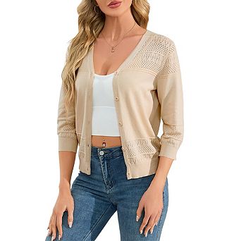 Womens V Neck Three Quarter Sleeve Button Knit Cardigan