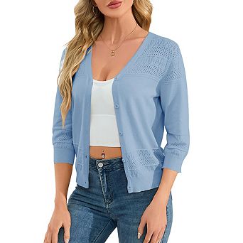 Womens V Neck Three Quarter Sleeve Button Knit Cardigan
