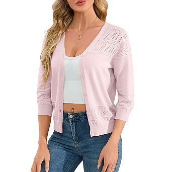 Womens V Neck Three Quarter Sleeve Button Knit Cardigan