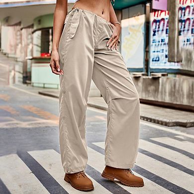 Womens Loose Fit Drawstring Elastic Waist Cargo Pants Casual Trousers