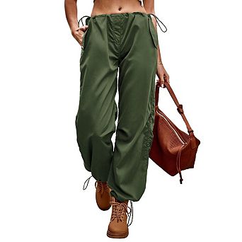 Womens Loose Fit Drawstring Elastic Waist Cargo Pants Casual Trousers