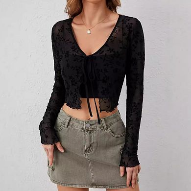 Womens V Neck Long Sleeve Tie Front Lightweight Ruffle Hem Cropped Cardigan