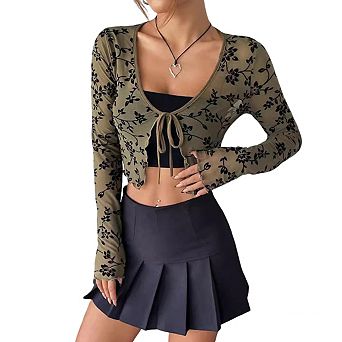 Womens V Neck Long Sleeve Tie Front Lightweight Ruffle Hem Cropped Cardigan