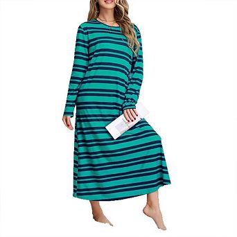 Women's Fall Casual Striped Maxi Dress Long Sleeve Loose Comfortable Crew Neck Everyday Long Dress