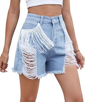Women's Washed Denim Shorts with Fringe & Distressed Details, High Waisted Ripped Jean Shorts