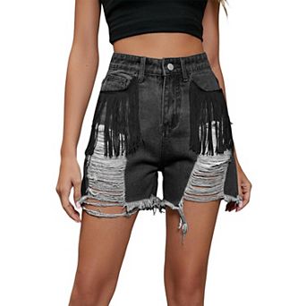 Women's Washed Denim Shorts with Fringe & Distressed Details, High Waisted Ripped Jean Shorts