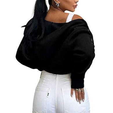 Womens Long Sleeve Hooded Zip Front Cropped Cardigan Casual Sweatshirt Jacket