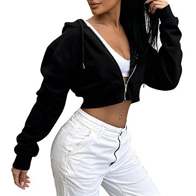 Womens Long Sleeve Hooded Zip Front Cropped Cardigan Casual Sweatshirt Jacket