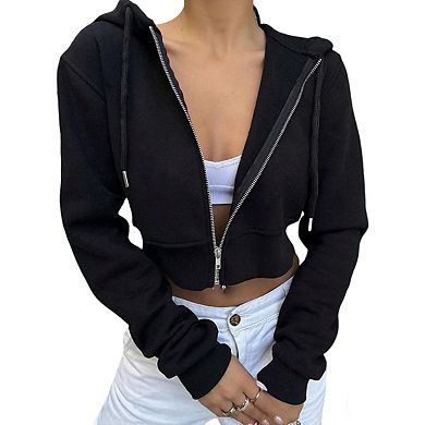 Womens Long Sleeve Hooded Zip Front Cropped Cardigan Casual Sweatshirt Jacket