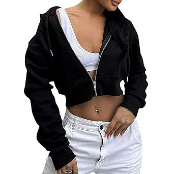Womens Long Sleeve Hooded Zip Front Cropped Cardigan Casual Sweatshirt Jacket