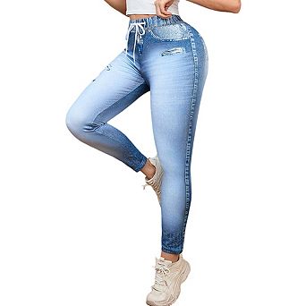 Womens Faux Denim Elastic Waistband Drawstring Slim Fit Yoga Pants