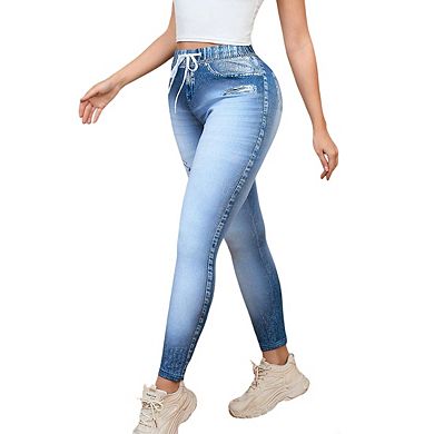 Womens Faux Denim Elastic Waistband Drawstring Slim Fit Yoga Pants