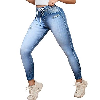 Womens Faux Denim Elastic Waistband Drawstring Slim Fit Yoga Pants