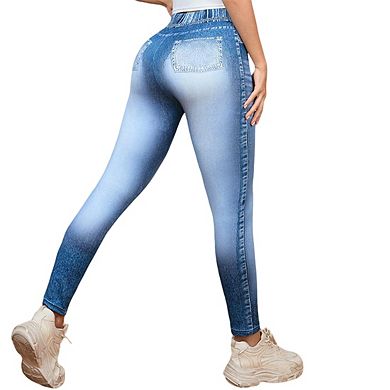 Womens Faux Denim Elastic Waistband Drawstring Slim Fit Yoga Pants
