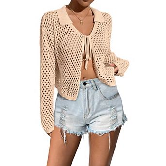 Women's V-Neck Crochet Cardigan Casual Long Sleeve Hollow Out Tie Front Cover Up