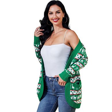 Womens V Neck Long Sleeve Open Front Midi Christmas Sweater Cardigan