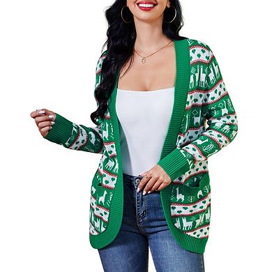 Womens V Neck Long Sleeve Open Front Midi Christmas Sweater Cardigan