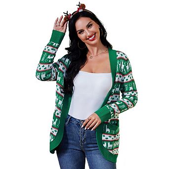 Womens V Neck Long Sleeve Open Front Midi Christmas Sweater Cardigan