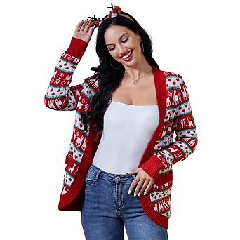Womens V Neck Long Sleeve Open Front Midi Christmas Sweater Cardigan