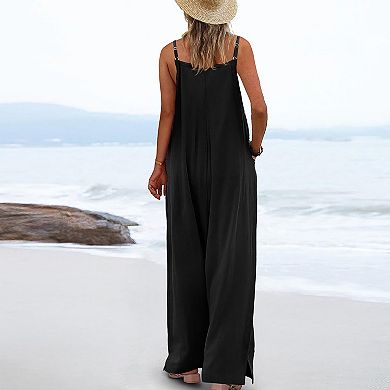 Women's Wide-Leg Overalls Jumpsuit Adjustable Straps Pocket Casual Summer Romper