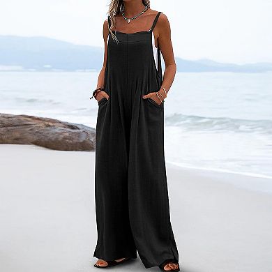 Women's Wide-Leg Overalls Jumpsuit Adjustable Straps Pocket Casual Summer Romper