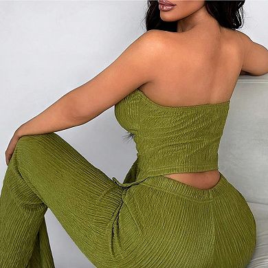 Women's Tube Top Two-Piece Set Flared Pants Button Front Casual Party Outfit