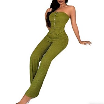 Women's Tube Top Two-Piece Set Flared Pants Button Front Casual Party Outfit