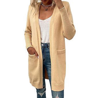 Womens V Neck Long Sleeve Open Front Midi Pocket Sweater Cardigan Coat