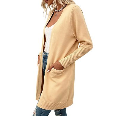 Womens V Neck Long Sleeve Open Front Midi Pocket Sweater Cardigan Coat