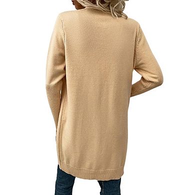 Womens V Neck Long Sleeve Open Front Midi Pocket Sweater Cardigan Coat