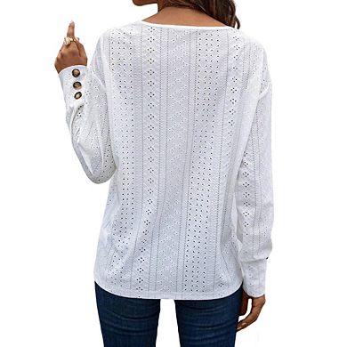 Womens V Neck Drop Shoulder Long Sleeve Button Cuff Hollow T Shirt