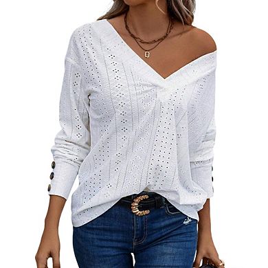 Womens V Neck Drop Shoulder Long Sleeve Button Cuff Hollow T Shirt
