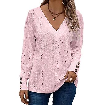 Womens V Neck Drop Shoulder Long Sleeve Button Cuff Hollow T Shirt