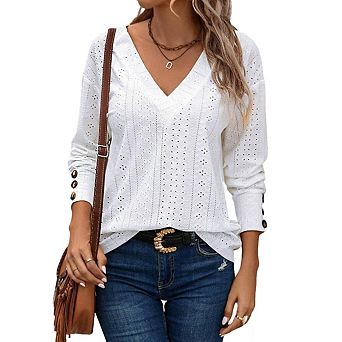 Womens V Neck Drop Shoulder Long Sleeve Button Cuff Hollow T Shirt