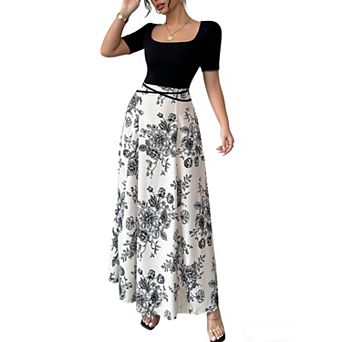 Women's Two-Tone Floral Maxi Dress Square Neck Short Sleeve Belted Casual Party Dress
