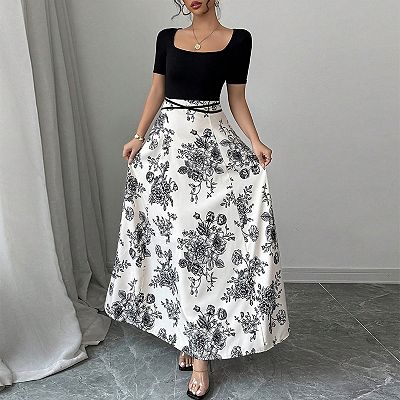 Women's Two-Tone Floral Maxi Dress Square Neck Short Sleeve Belted Casual  Party Dress