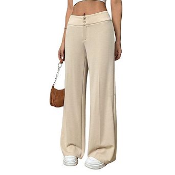 Womens High Waist Button Fly Loose Fit Stretch Casual Wide Leg Pants