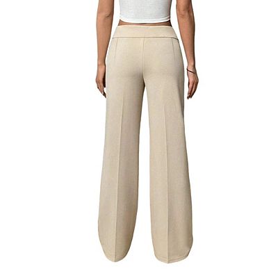 Womens High Waist Button Fly Loose Fit Stretch Casual Wide Leg Pants