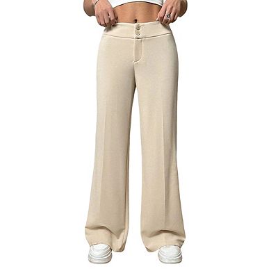 Womens High Waist Button Fly Loose Fit Stretch Casual Wide Leg Pants