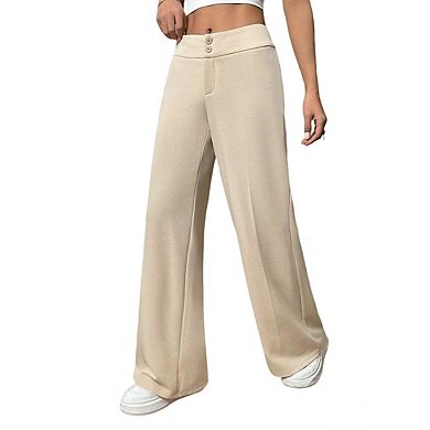 Womens High Waist Button Fly Loose Fit Stretch Casual Wide Leg Pants