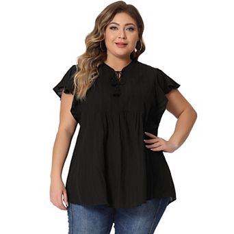 Women's Plus Size Flutter Sleeve Drawstring Summer V Neck Tunic