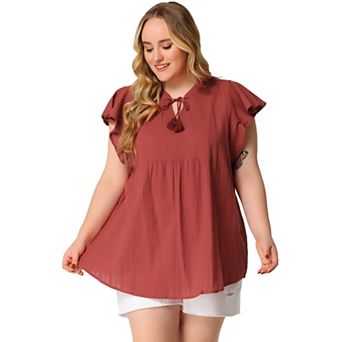 Women's Plus Size Flutter Sleeve Drawstring Summer V Neck Tunic