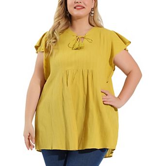 Women's Plus Size Flutter Sleeve Drawstring Summer V Neck Tunic