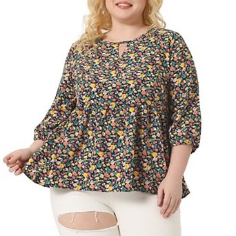 Women's Plus Size Top Babydoll Round Neck Lantern Sleeve Floral Print Tops