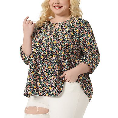 Women's Plus Size Top Babydoll Round Neck Lantern Sleeve Floral Print Tops