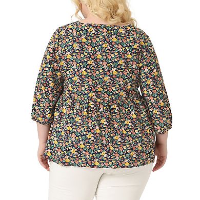 Women's Plus Size Top Babydoll Round Neck Lantern Sleeve Floral Print Tops